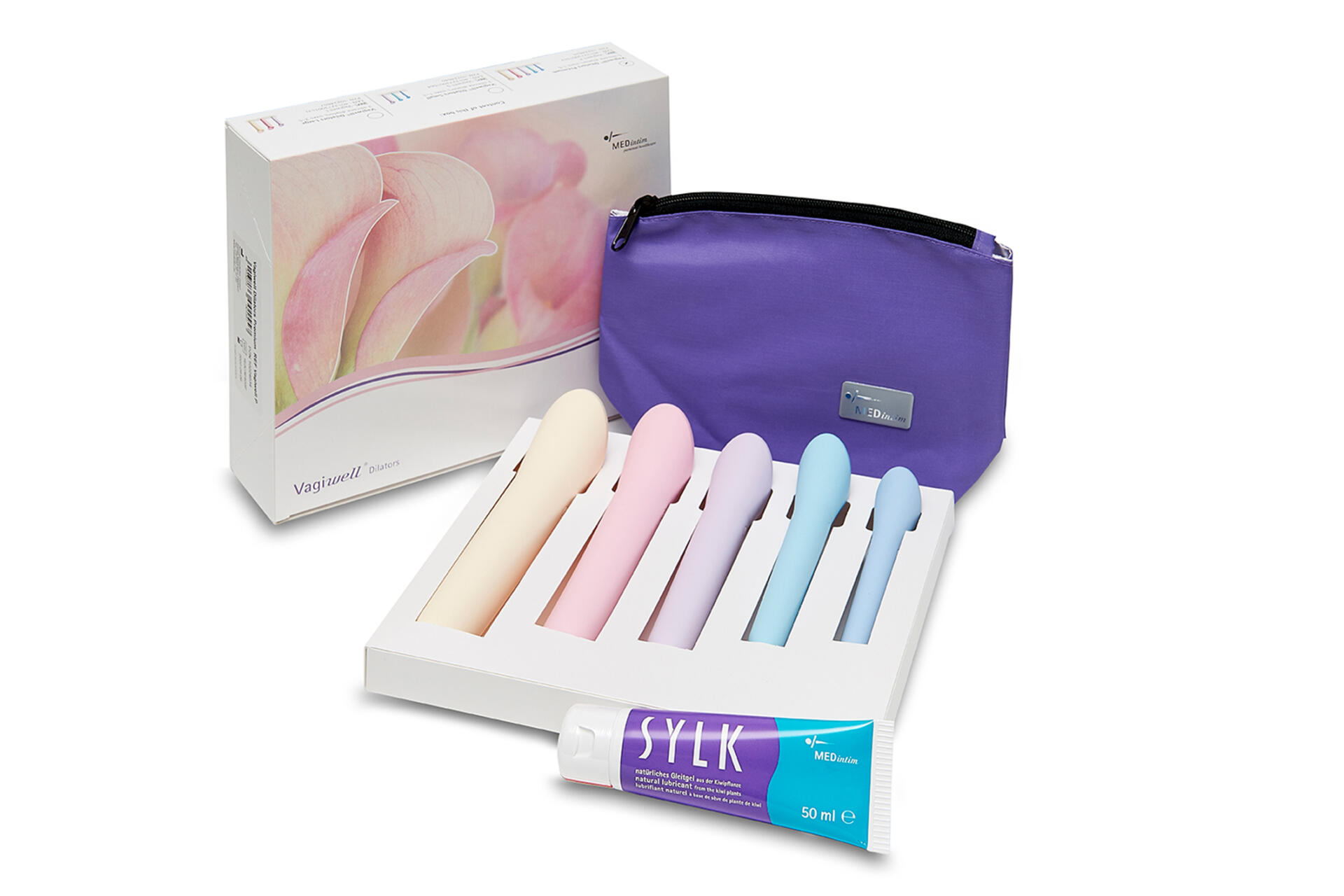 Cervical Dilatation Anaesthesia kit, contains range of Vagiwell Dialators, 50ml tube of Sylk Lubrication and a carry case.